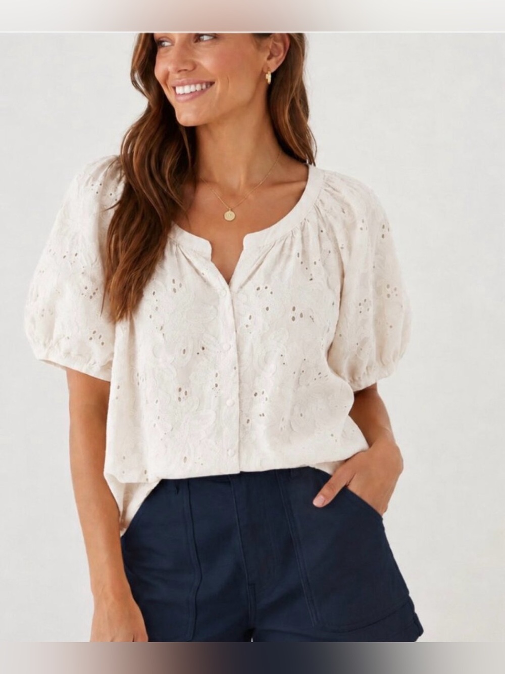 Calypso St. Barth White Eyelet Puff Sleeve Button Front Blouse Size Large